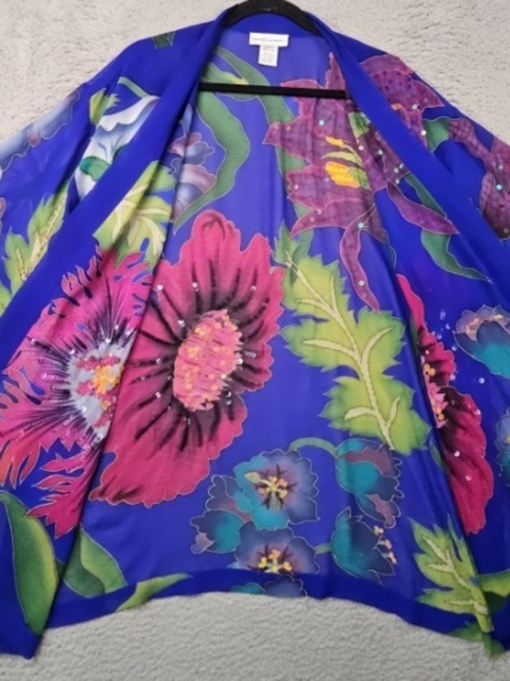 Floral Sheer 100% Silk One Size Kimono Robe - Bold Blue